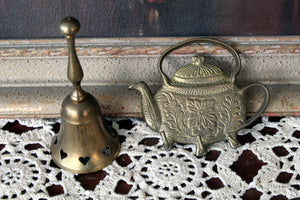 Vintage Brass Teapot Key Holder, Brass Heart Bell, Swivel Brass Candleholder
